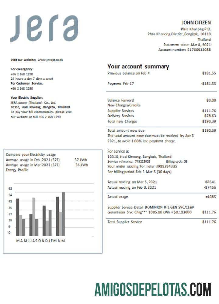 Em branco modelo de conta de serviços públicos JERA da Tailândia em formato Word e PDF